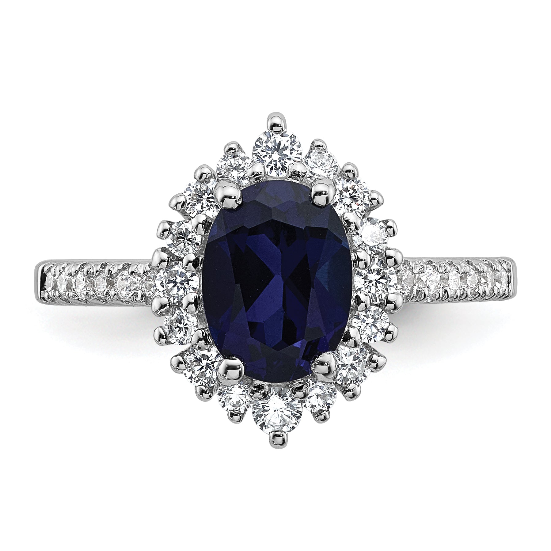 Sterling Silver Rhodium-plated Polished Lab Created Sapphire and CZ Oval Halo Size 8 Ring