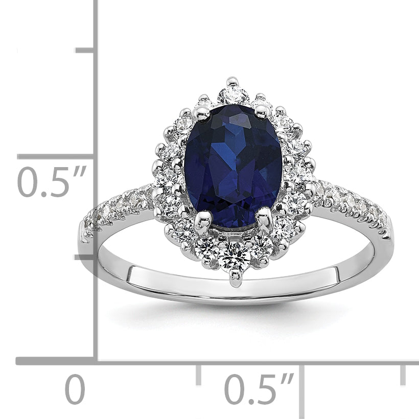 Sterling Silver Rhodium-plated Polished Lab Created Sapphire and CZ Oval Halo Size 8 Ring