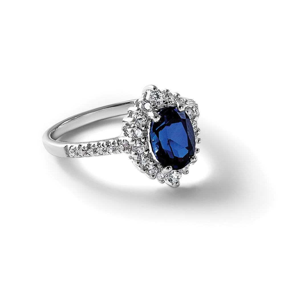 Sterling Silver Rhodium-plated Polished Lab Created Sapphire and CZ Oval Halo Size 8 Ring