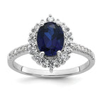 Sterling Silver Rhodium-plated Polished Lab Created Sapphire and CZ Oval Halo Size 8 Ring