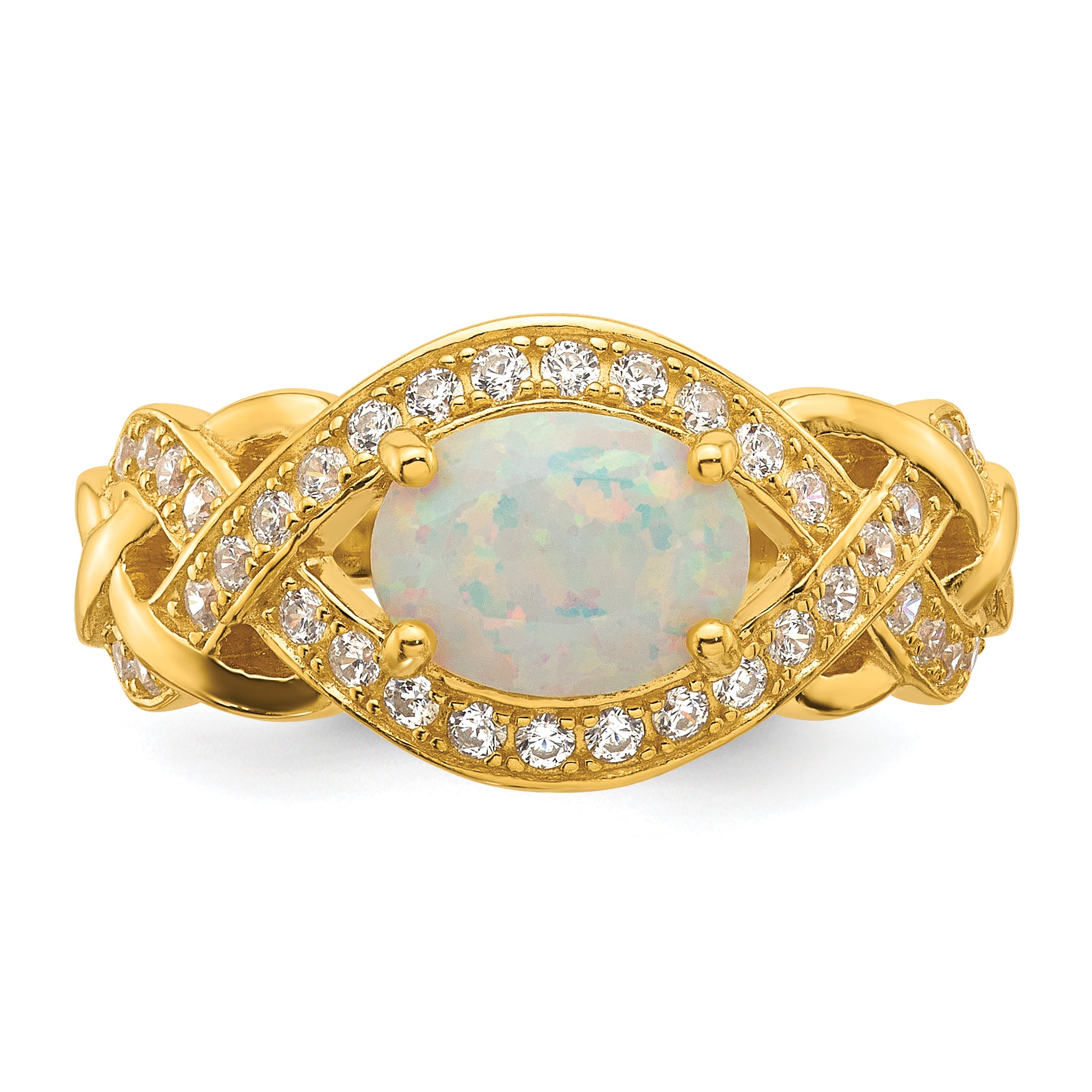 Sterling Silver Gold-tone Polished CZ and Lab Created Opal Size 8 Twisted Ring