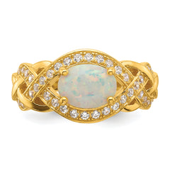 Sterling Silver Gold-tone Polished CZ and Lab Created Opal Size 8 Twisted Ring