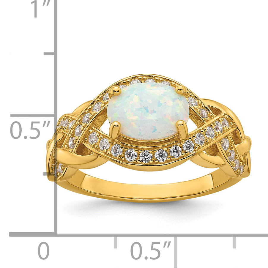 Sterling Silver Gold-tone Polished CZ and Lab Created Opal Size 8 Twisted Ring