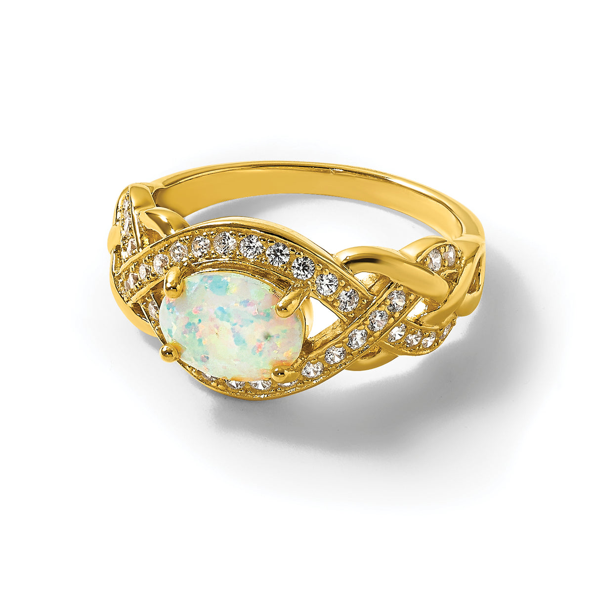 Sterling Silver Gold-tone Polished CZ and Lab Created Opal Size 8 Twisted Ring