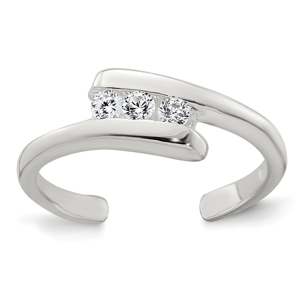 Sterling Silver Polished 3 Stone CZ Bypass Adjustable Toe Ring