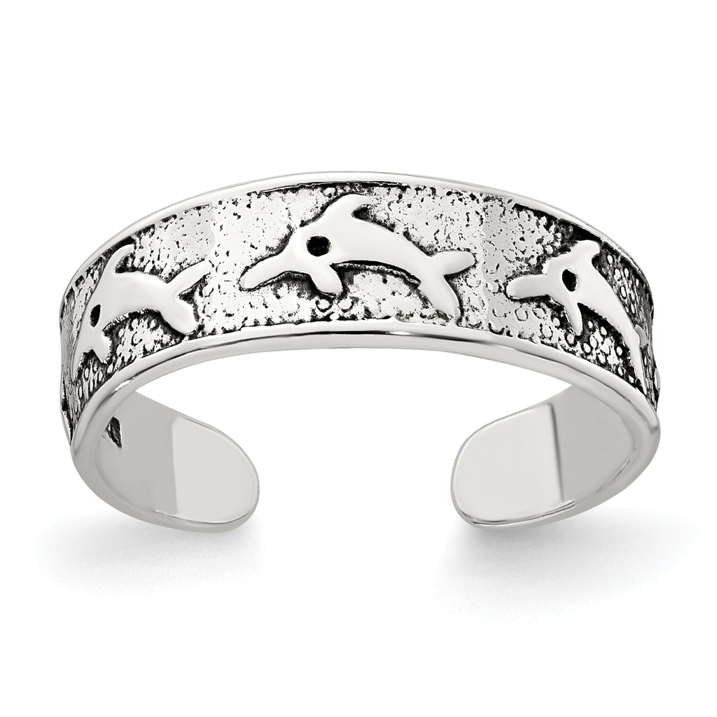 Sterling Silver Polished and Antiqued Dolphin Toe Ring