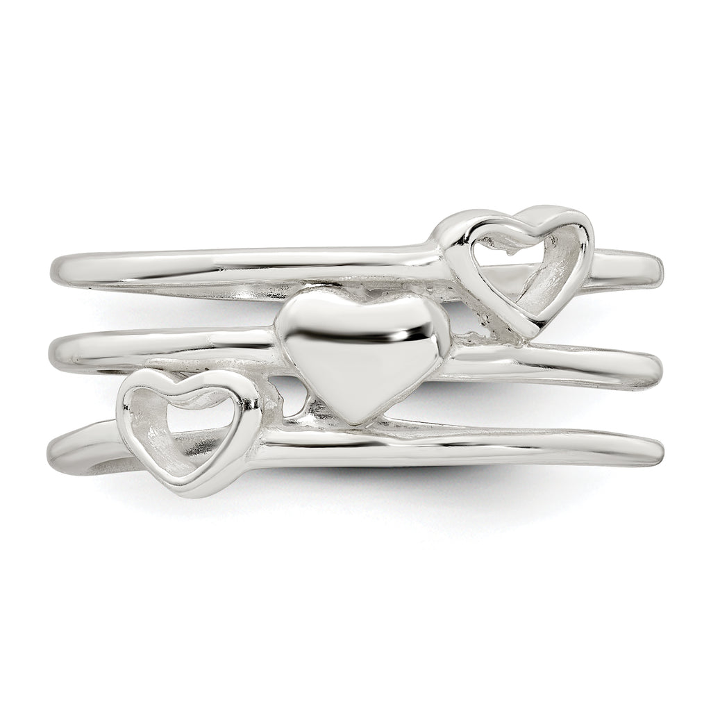 Sterling Silver Polished Hearts Three Band Size 8 Ring