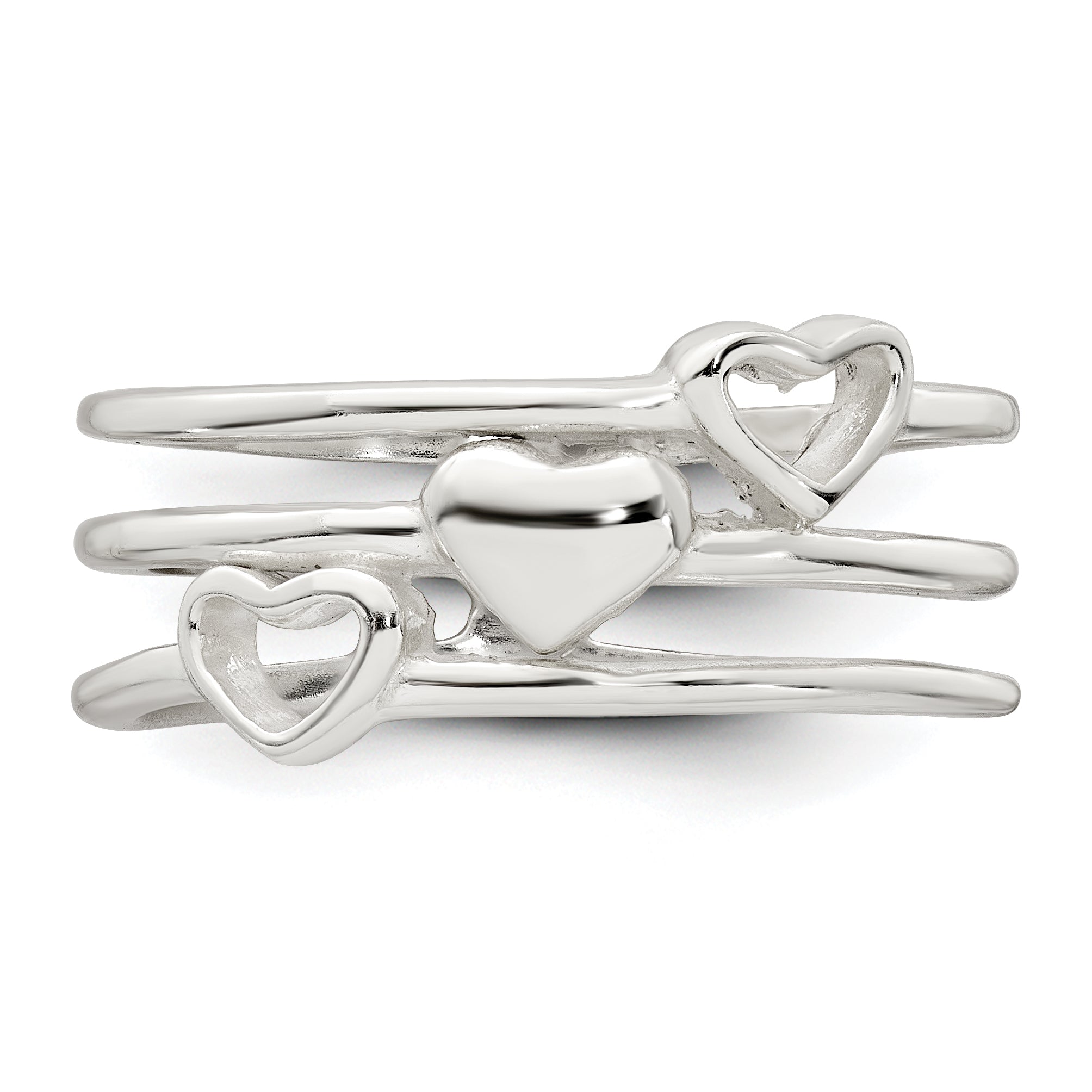 Sterling Silver Polished Hearts Three Band Size 8 Ring
