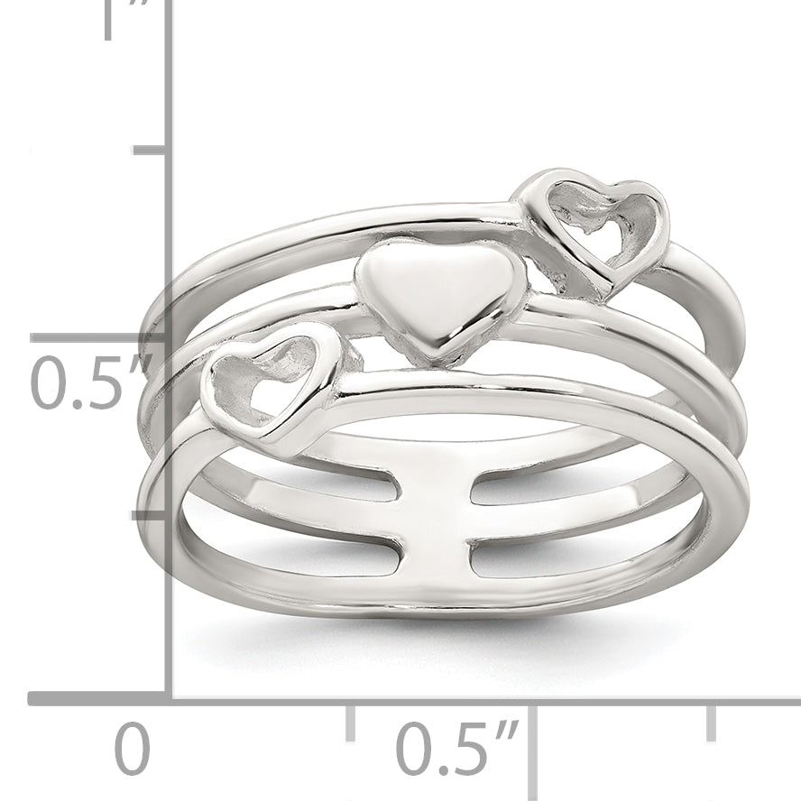 Sterling Silver Polished Hearts Three Band Size 8 Ring