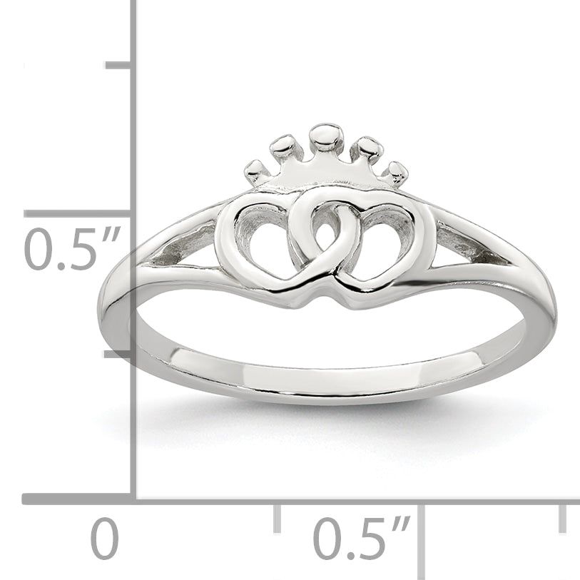 Sterling Silver Polished Interlocking Hearts With Crown Ring