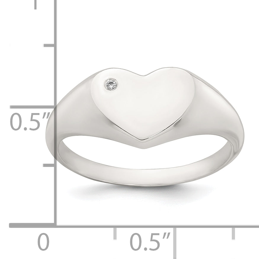 Sterling Silver Polished White CZ Heart Size 8 Signet Ring
