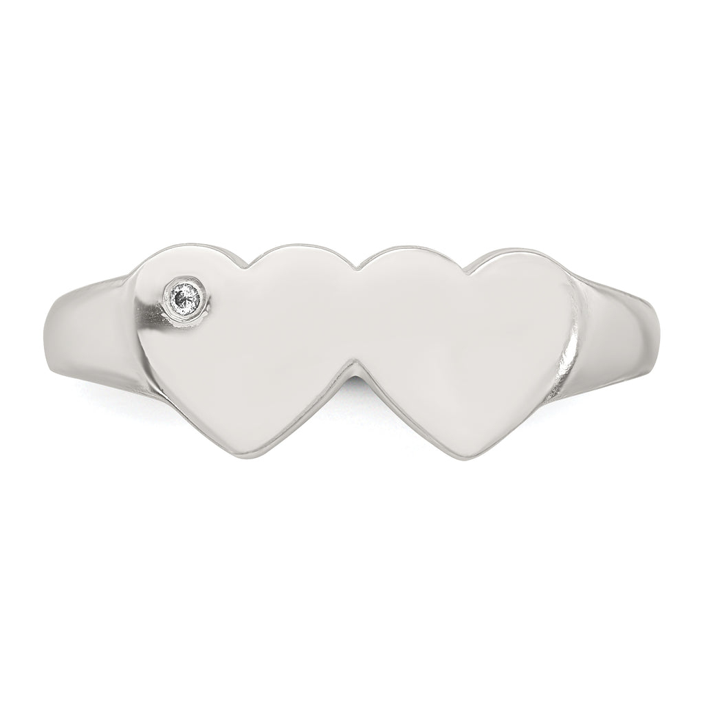 Sterling Silver Polished White CZ Double Heart Size 8 Signet Ring