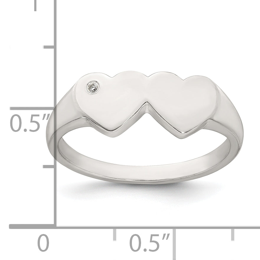 Sterling Silver Polished White CZ Double Heart Size 8 Signet Ring