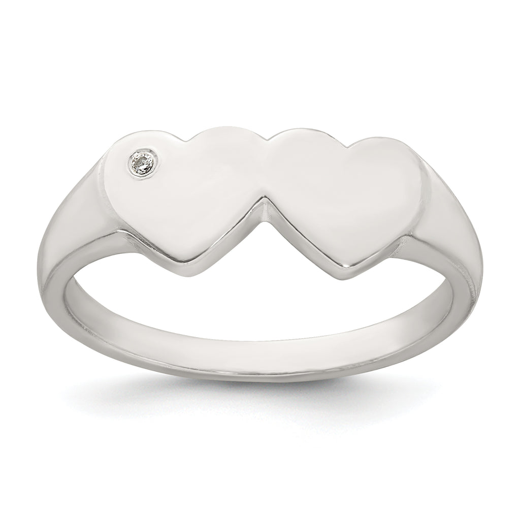 Sterling Silver Polished White CZ Double Heart Size 8 Signet Ring