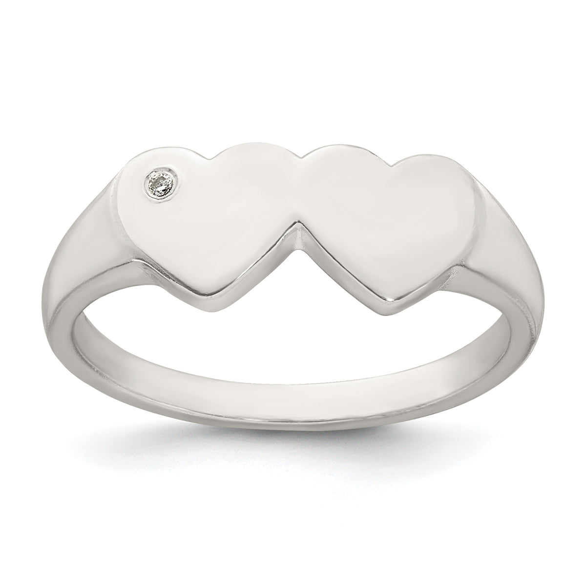 Sterling Silver Polished White CZ Double Heart Size 8 Signet Ring