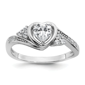 Sterling Silver Rhodium-plated Polished Fancy CZ Center Heart Ring - Sophia Jewelers