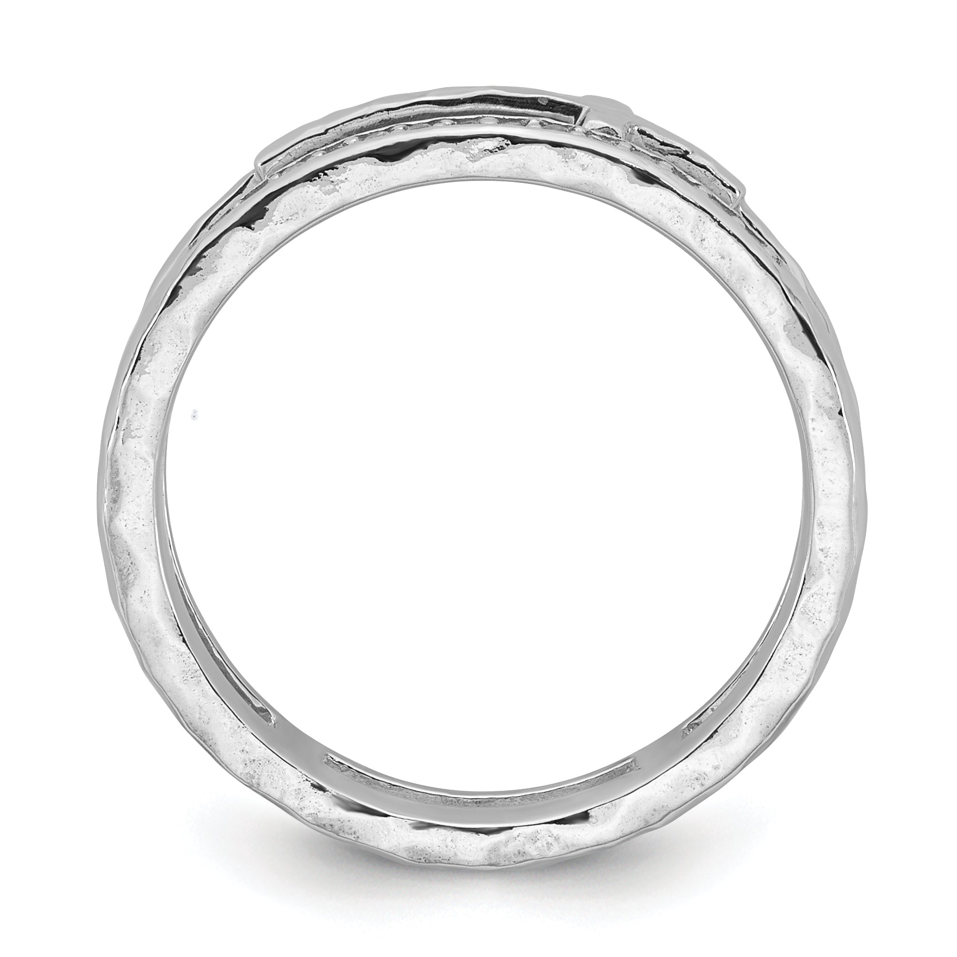 Sterling Silver Rhodium-plated Polished CZ and Hammered Cross Double Band Size 6 Ring Secondary image