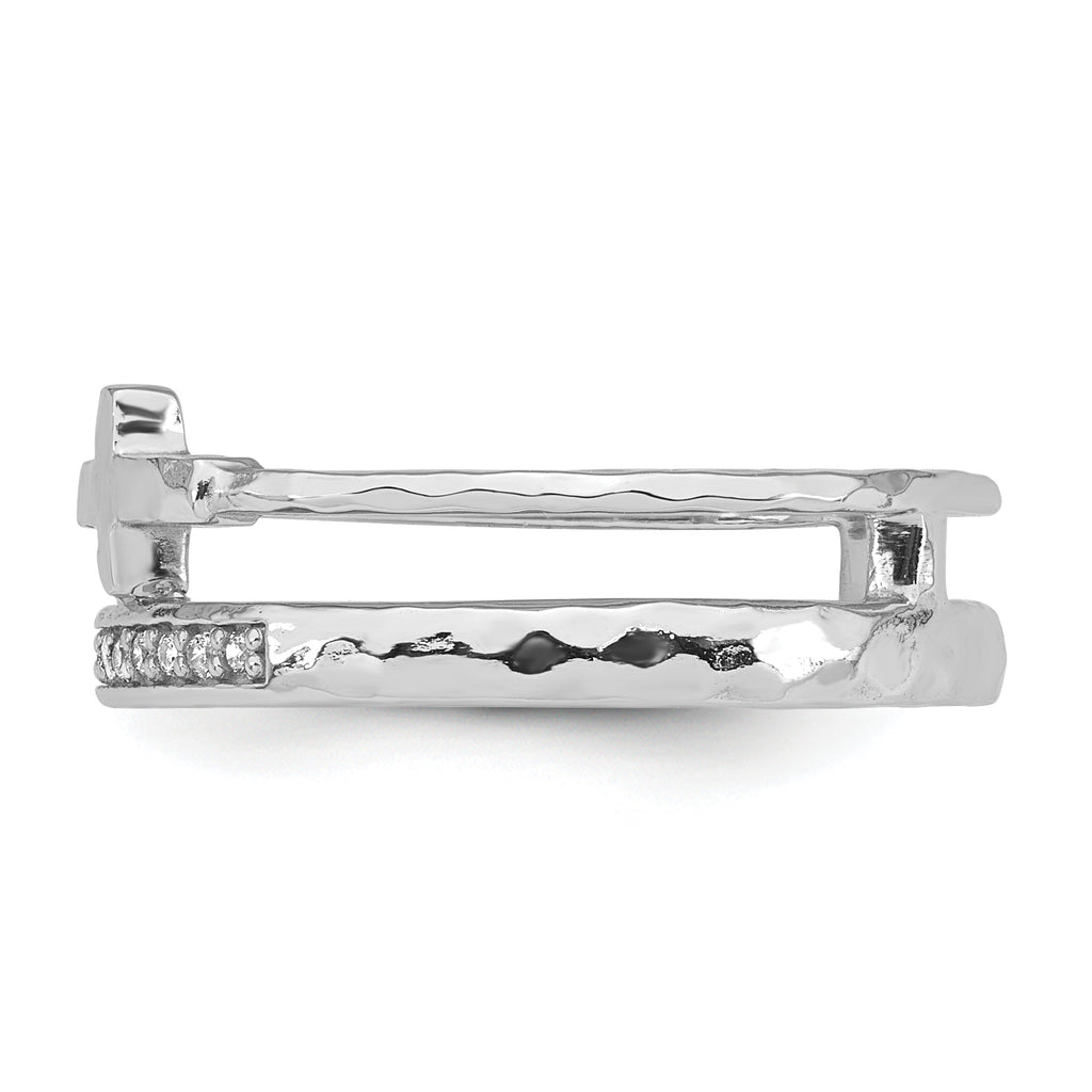 Sterling Silver Rhodium-plated Polished CZ and Hammered Cross Double Band Size 8 Ring