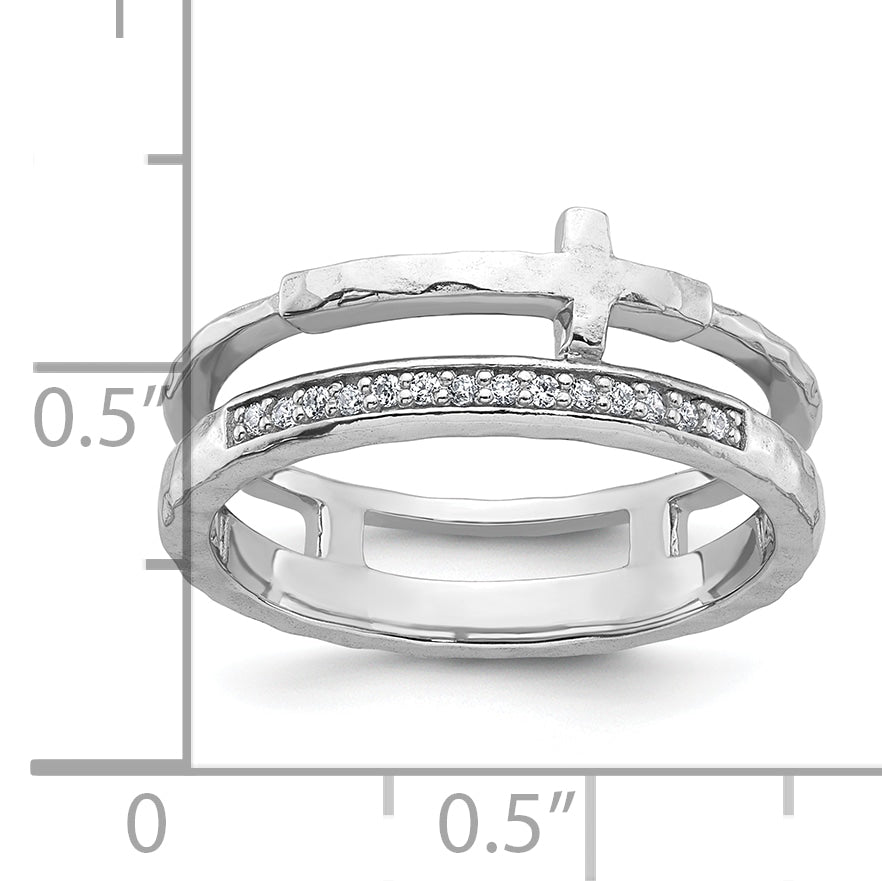 Sterling Silver Rhodium-plated Polished CZ and Hammered Cross Double Band Size 8 Ring