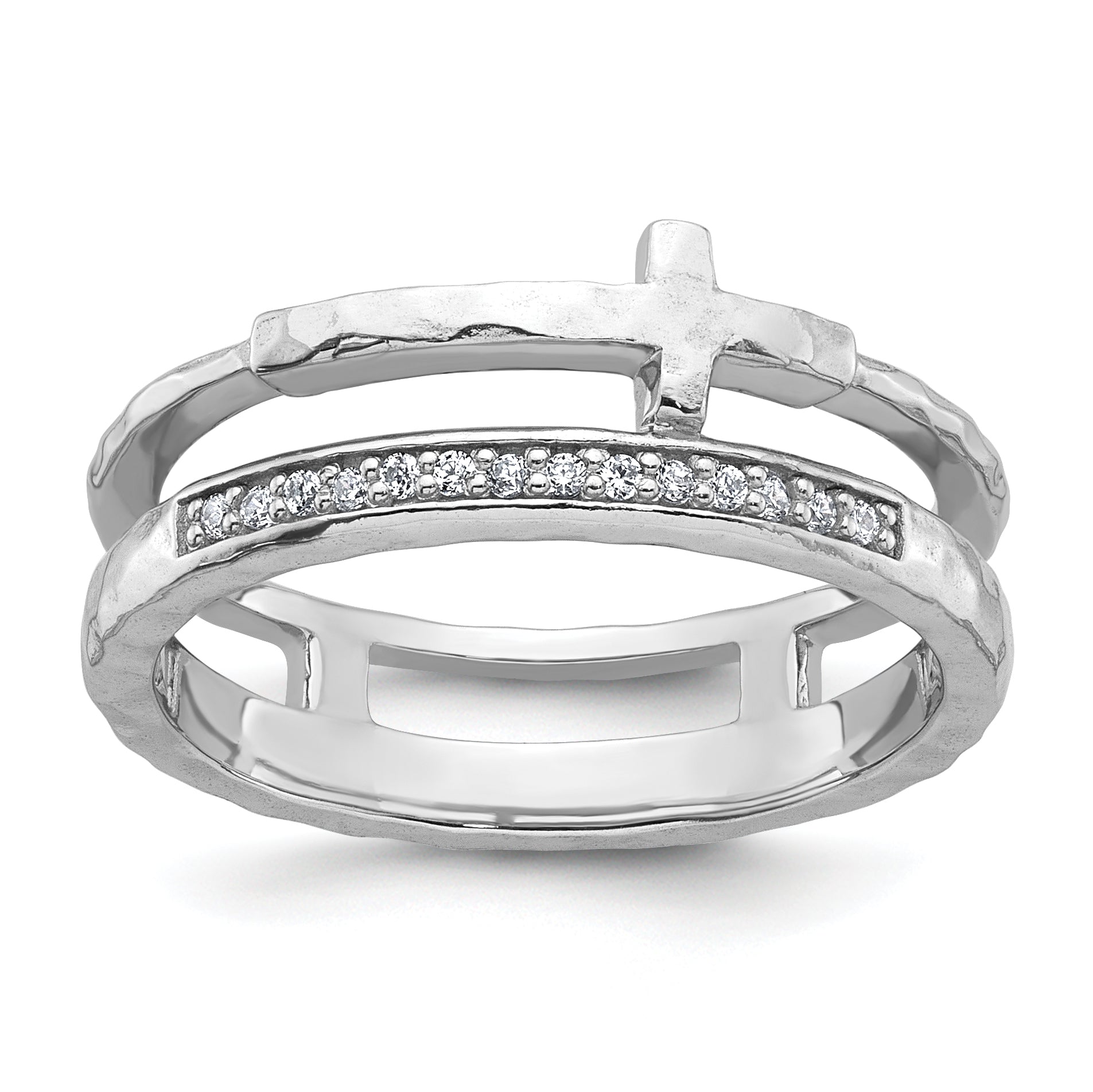 Sterling Silver Rhodium-plated Polished CZ and Hammered Cross Double Band Size 8 Ring Main image