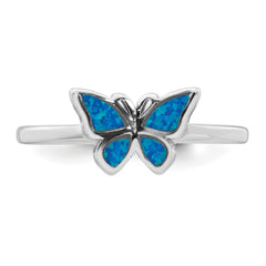 Sterling Silver Rhodium-plated Polished Blue Lab Created Opal Butterfly Size 8 Ring