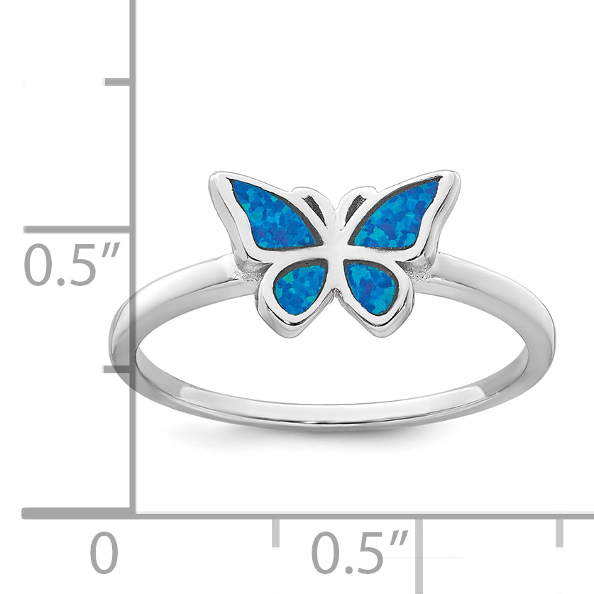 Sterling Silver Rhodium-plated Polished Blue Lab Created Opal Butterfly Size 8 Ring