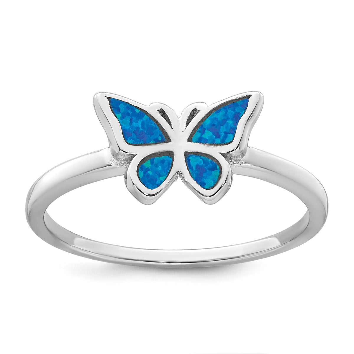 Sterling Silver Rhodium-plated Polished Blue Lab Created Opal Butterfly Size 8 Ring