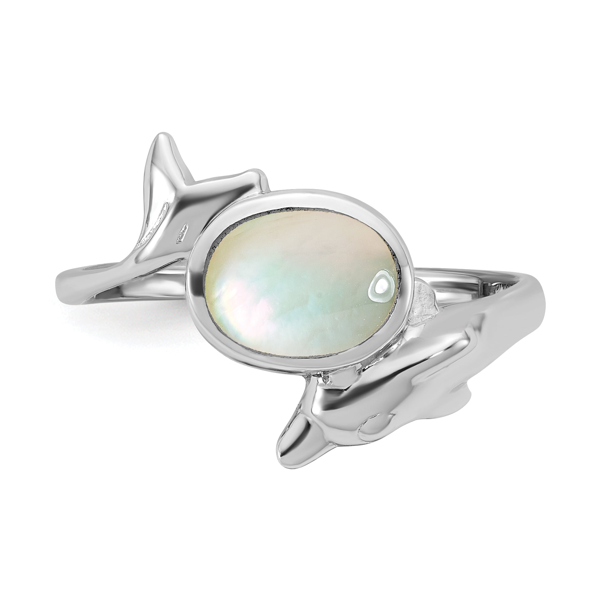 Sterling Silver Rhodium-plated Polished Oval Mother of Pearl and Dolphin Size 8 Ring