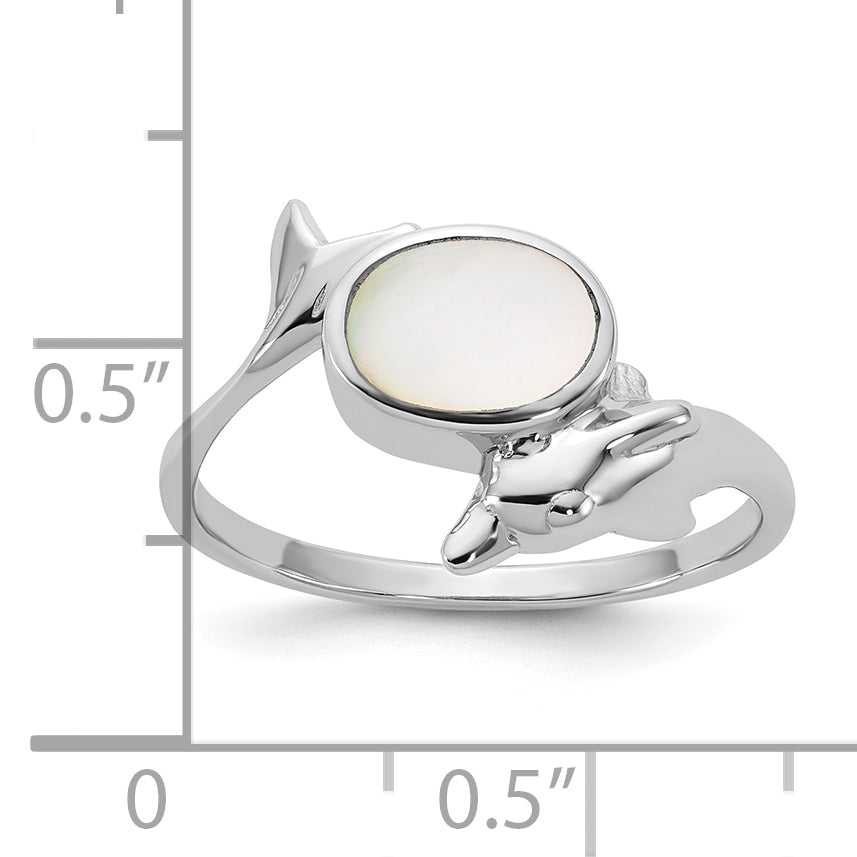 Sterling Silver Rhodium-plated Polished Oval Mother of Pearl and Dolphin Size 8 Ring