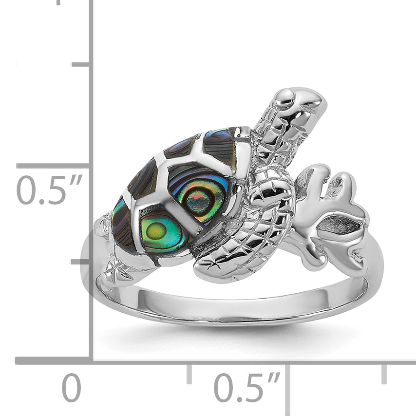 Sterling Silver Rhodium-plated Polished Abalone Sea Turtle Size 8 Ring