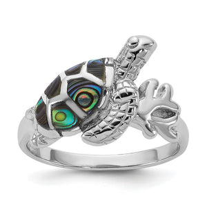 Sterling Silver Rhodium-Plated Polished Abalone Sea Turtle Ring, Size 6–8 - Sophia Jewelers