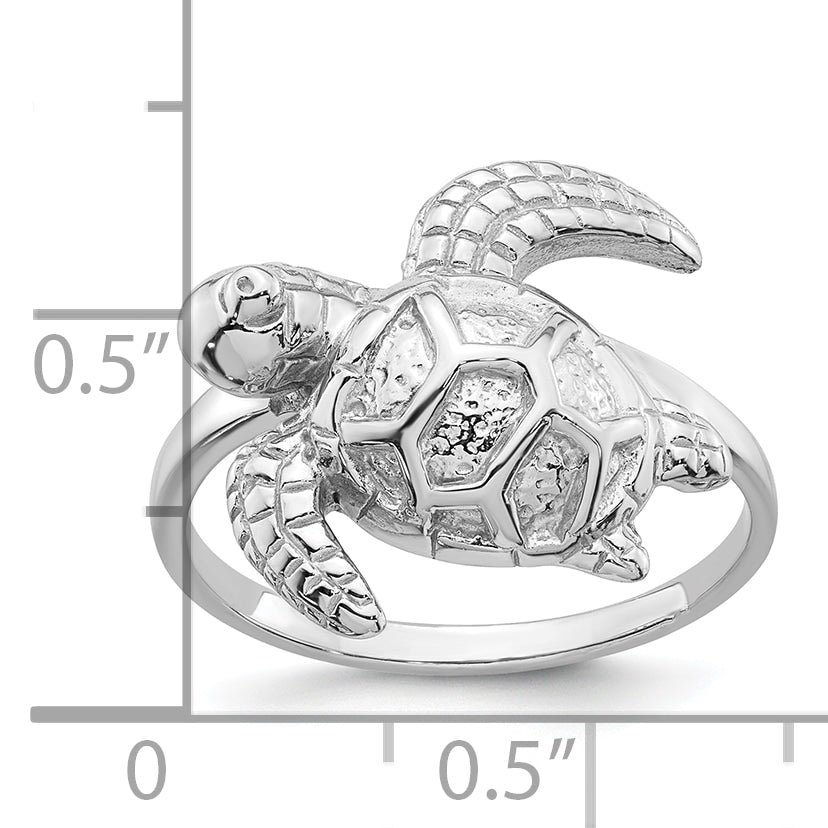 Sterling Silver Rhodium-plated Polished and Textured Sea Turtle Size 8 Ring