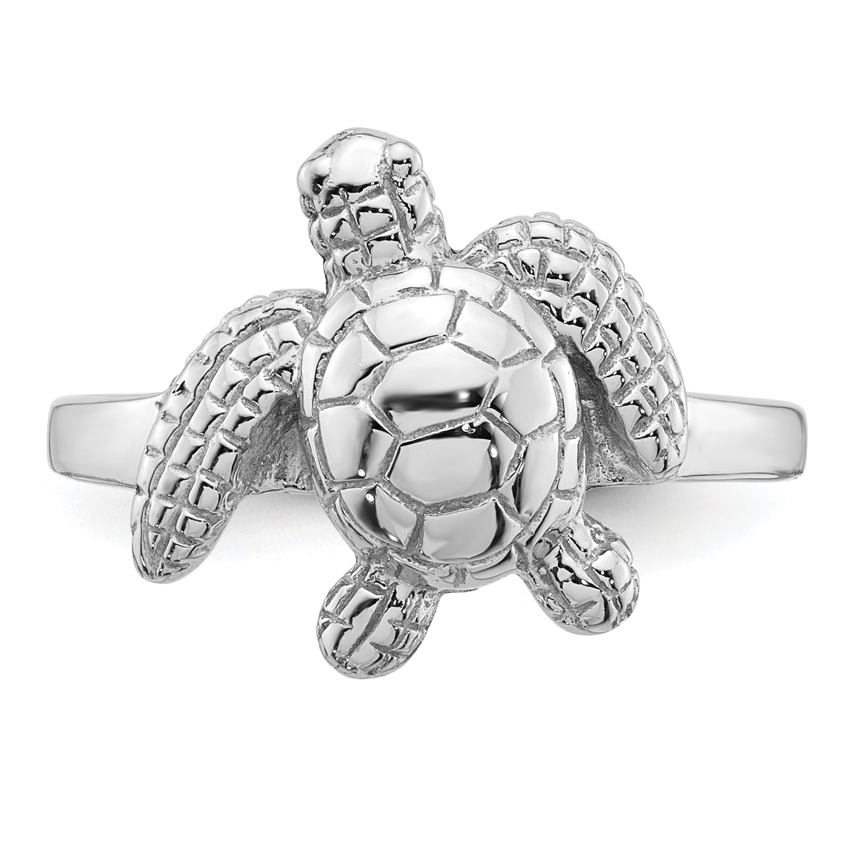 Sterling Silver Rhodium-plated Polished and Textured Sea Turtle Size 8 Ring
