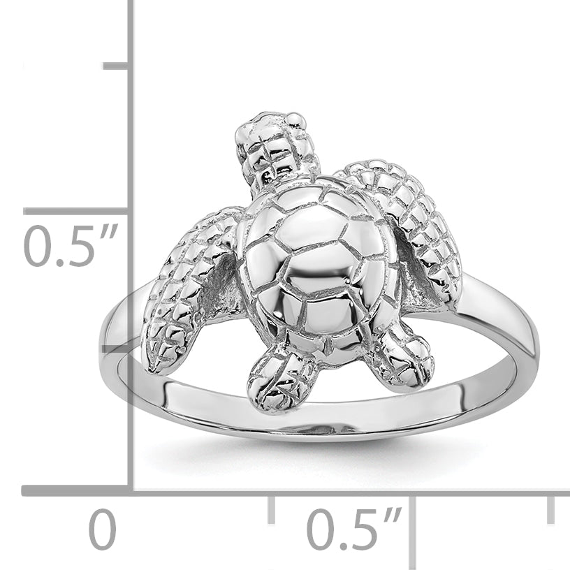 Sterling Silver Rhodium-plated Polished and Textured Sea Turtle Size 8 Ring