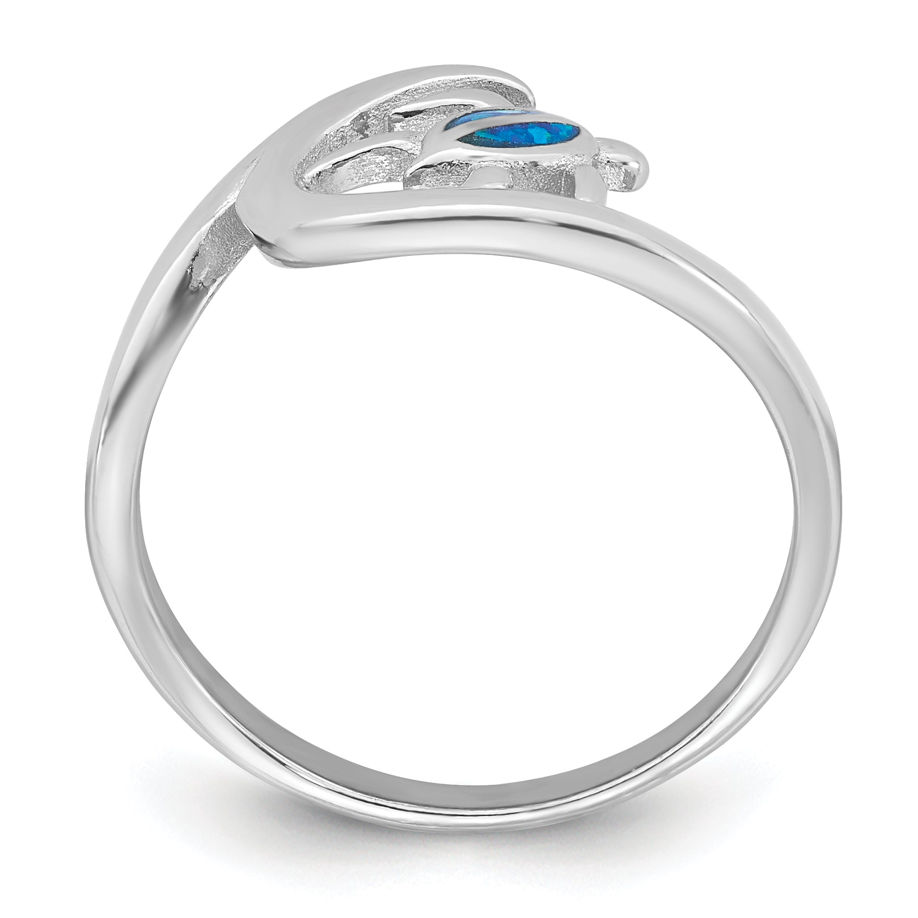 Sterling Silver Rhodium-plated Polished Blue Lab Created Opal Turtle on Wave Size 6 Ring Secondary image