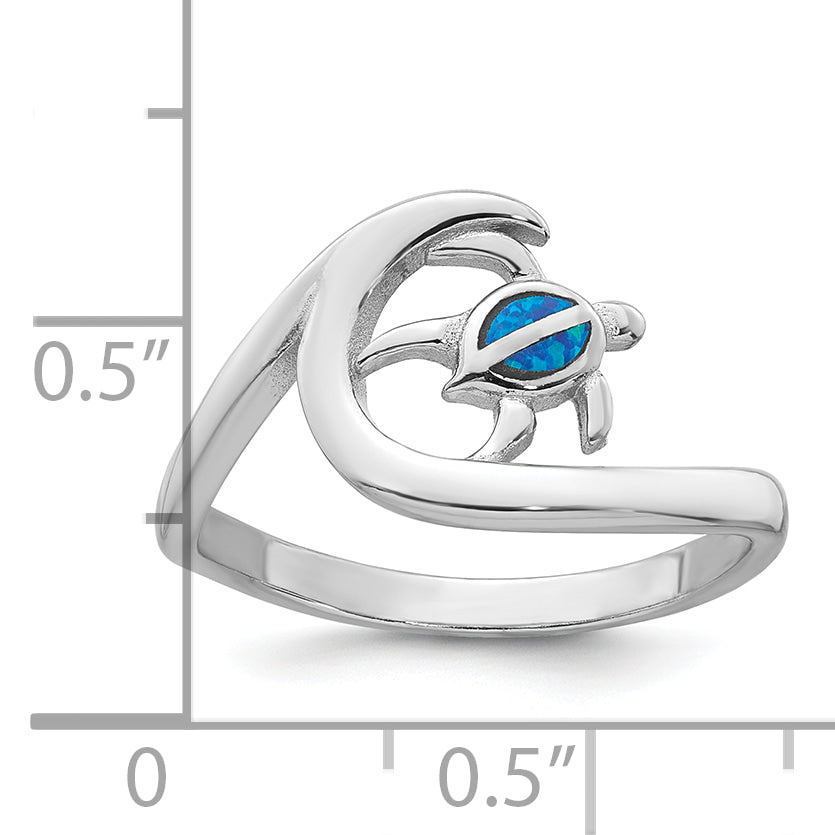 Sterling Silver Rhodium-plated Polished Blue Lab Created Opal Turtle on Wave Size 8 Ring