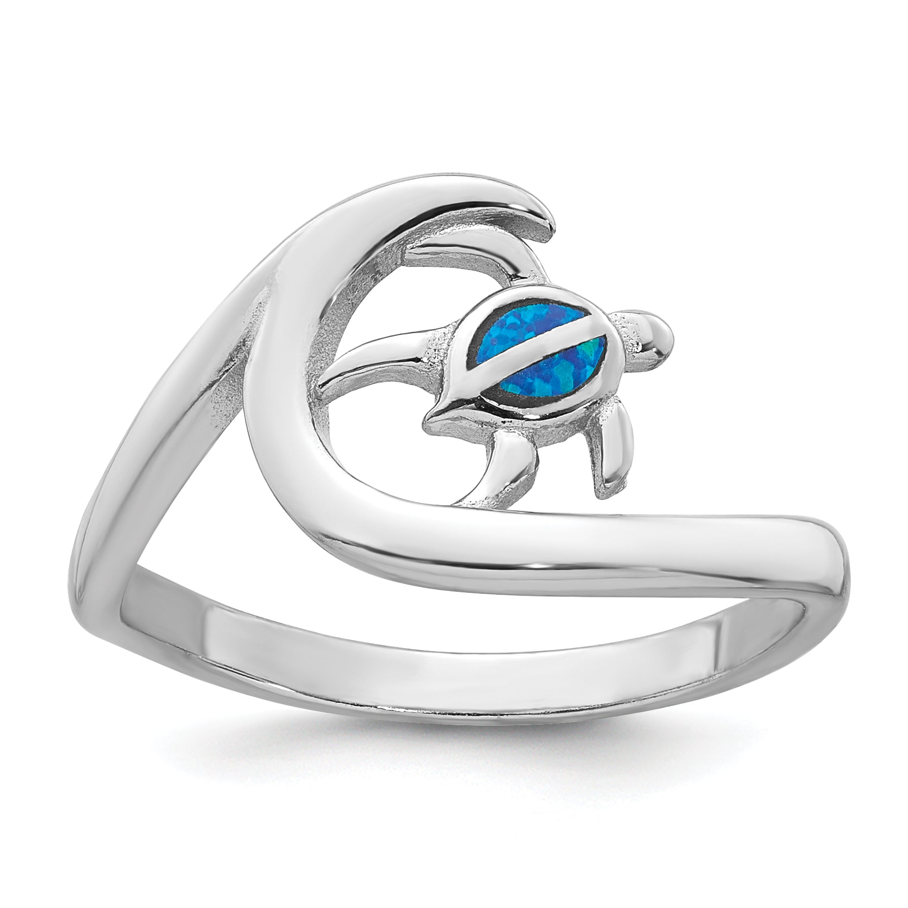 Sterling Silver Rhodium-plated Polished Blue Lab Created Opal Turtle on Wave Size 8 Ring Main image