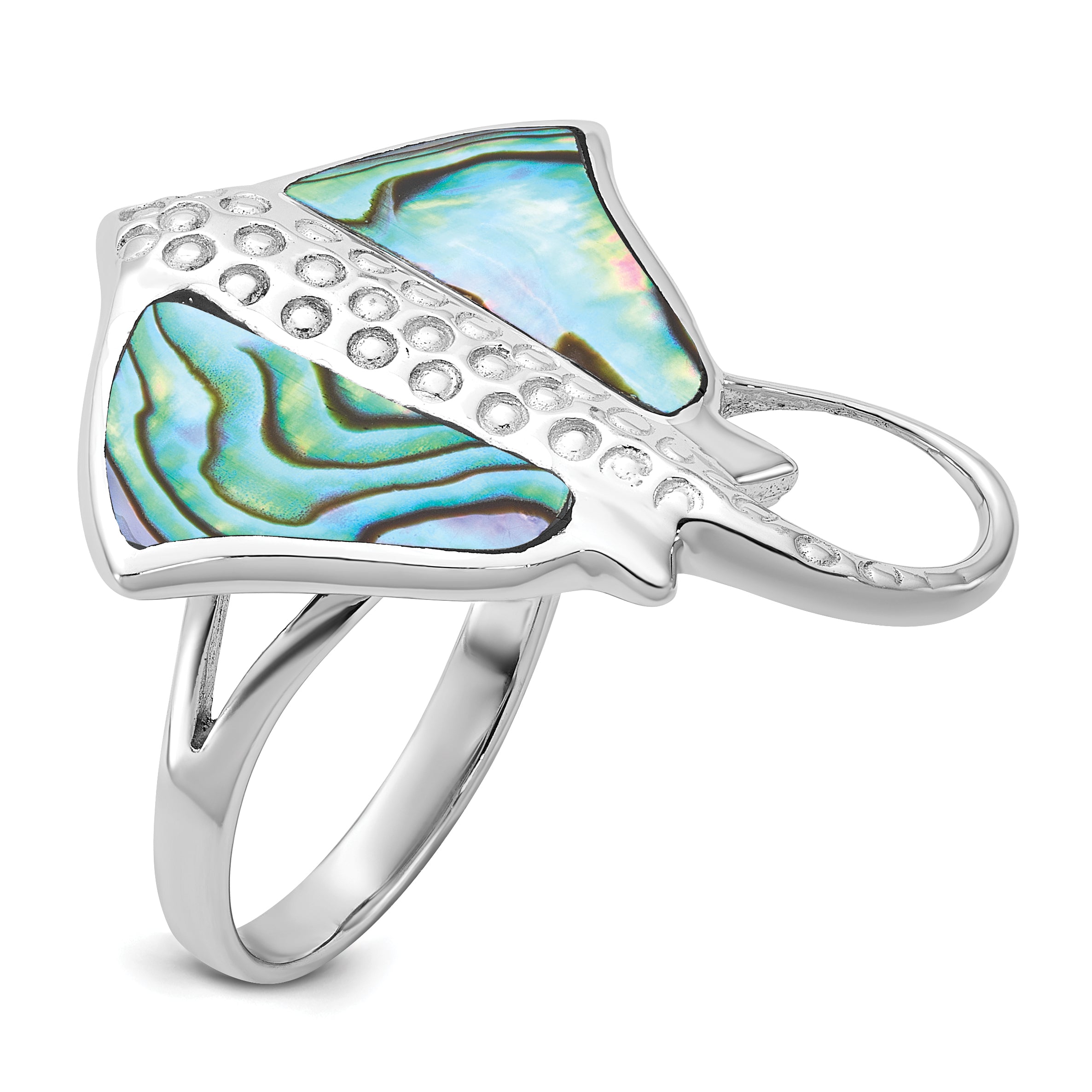 Sterling Silver Rhodium-plated Polished and Textured Abalone Stingray Size 8 Ring