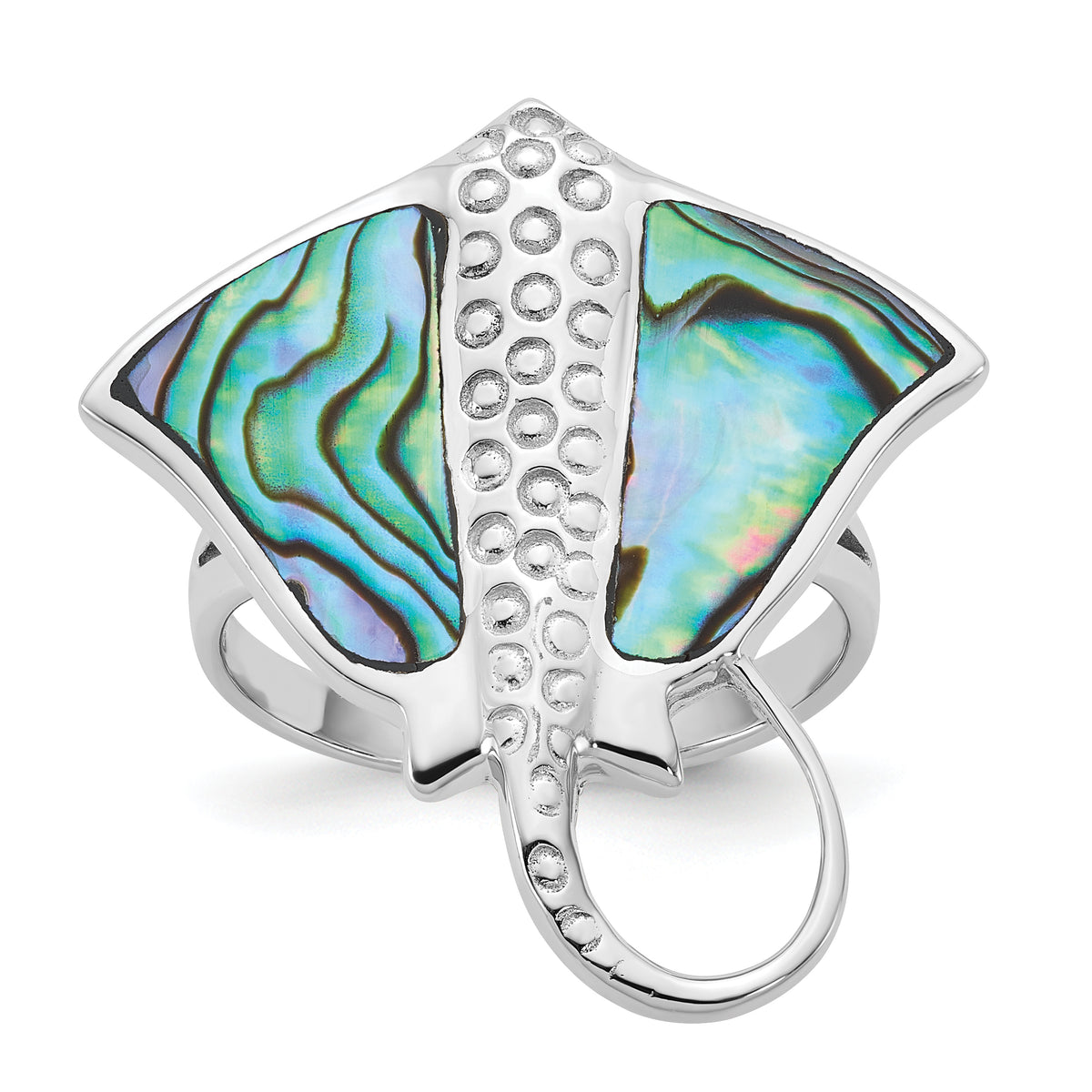 Sterling Silver Rhodium-plated Polished and Textured Abalone Stingray Size 8 Ring