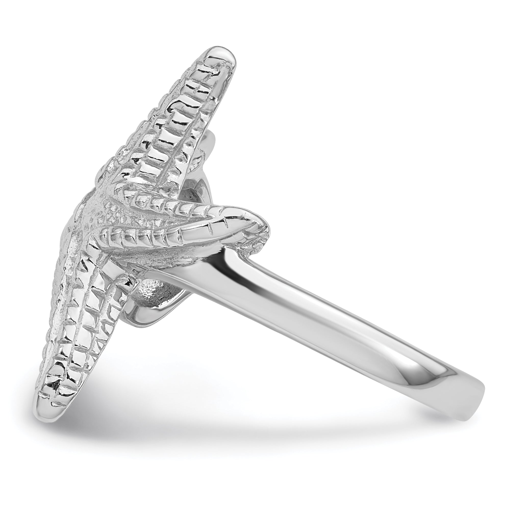 Sterling Silver Rhodium-plated Polished and Textured Sea Shell with Starfish Size 8 Ring