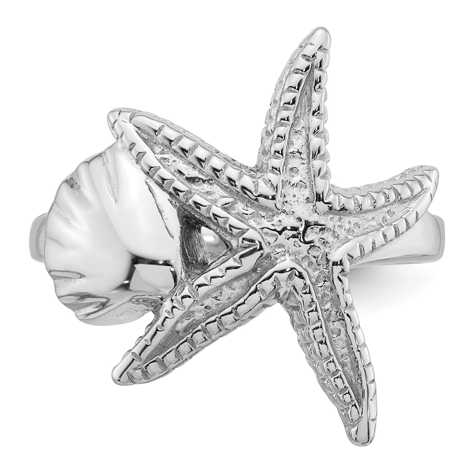 Sterling Silver Rhodium-plated Polished and Textured Sea Shell with Starfish Size 8 Ring