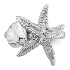 Sterling Silver Rhodium-plated Polished and Textured Sea Shell with Starfish Size 8 Ring