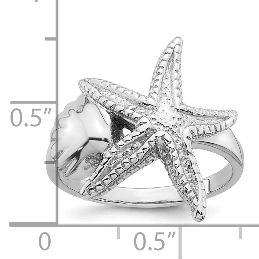 Sterling Silver Rhodium-plated Polished and Textured Sea Shell with Starfish Size 8 Ring