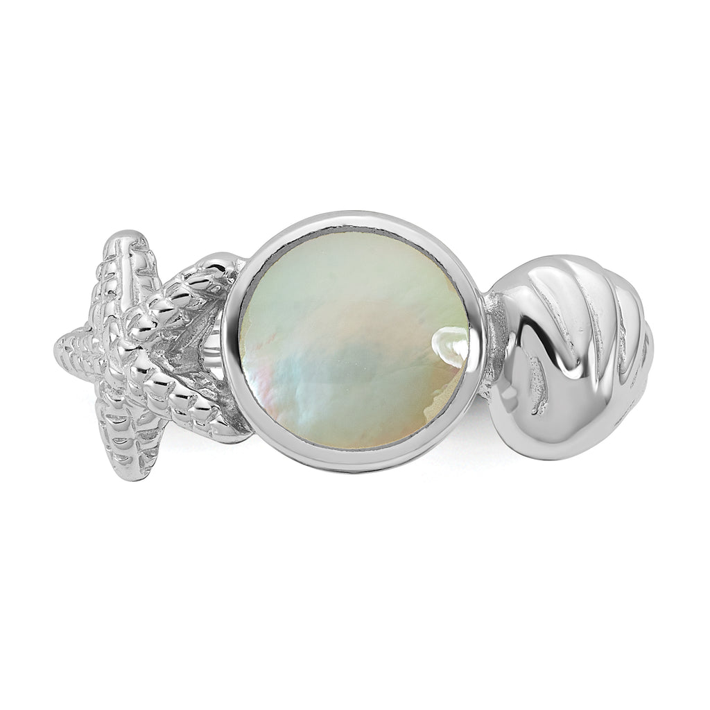 Sterling Silver Rhodium-plated Polished Oval Mother of Pearl and Sea Shell with Starfish Size 8 Ring
