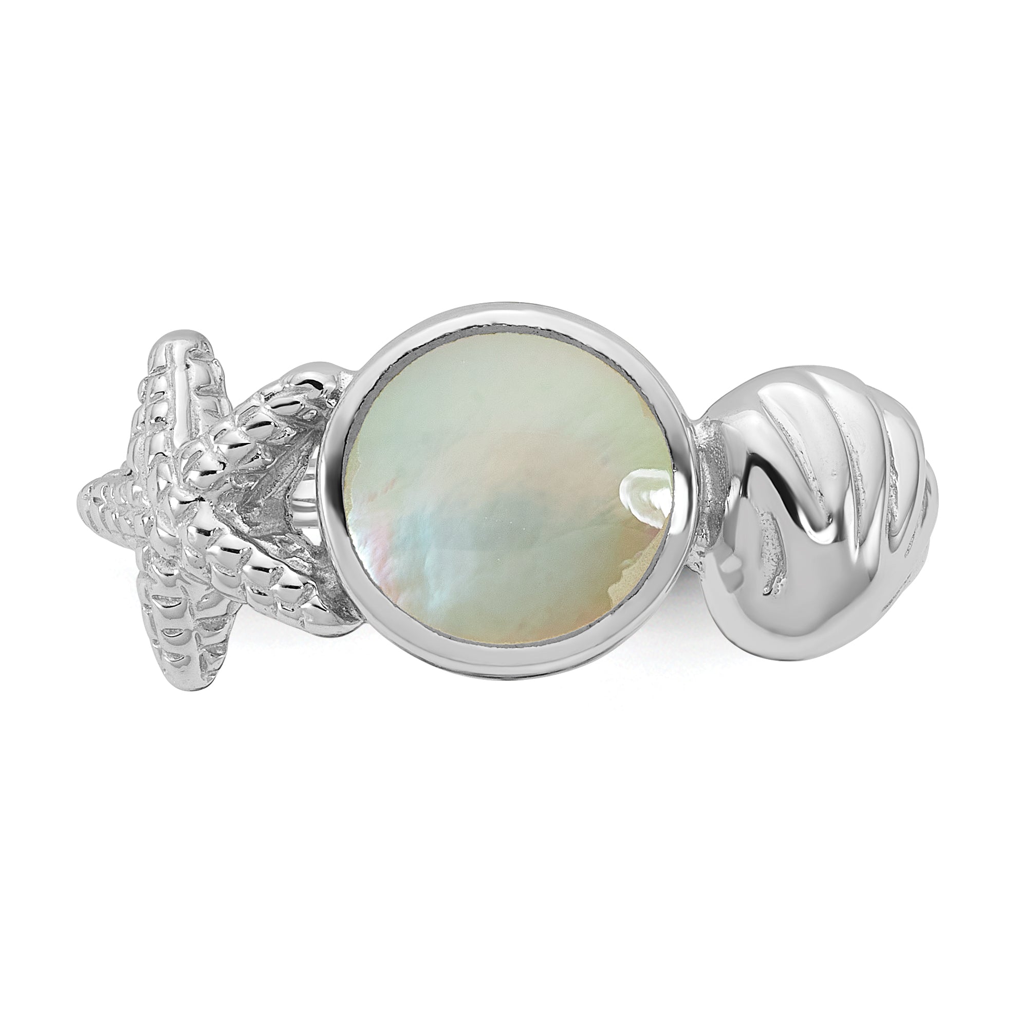 Sterling Silver Rhodium-plated Polished Oval Mother of Pearl and Sea Shell with Starfish Size 8 Ring