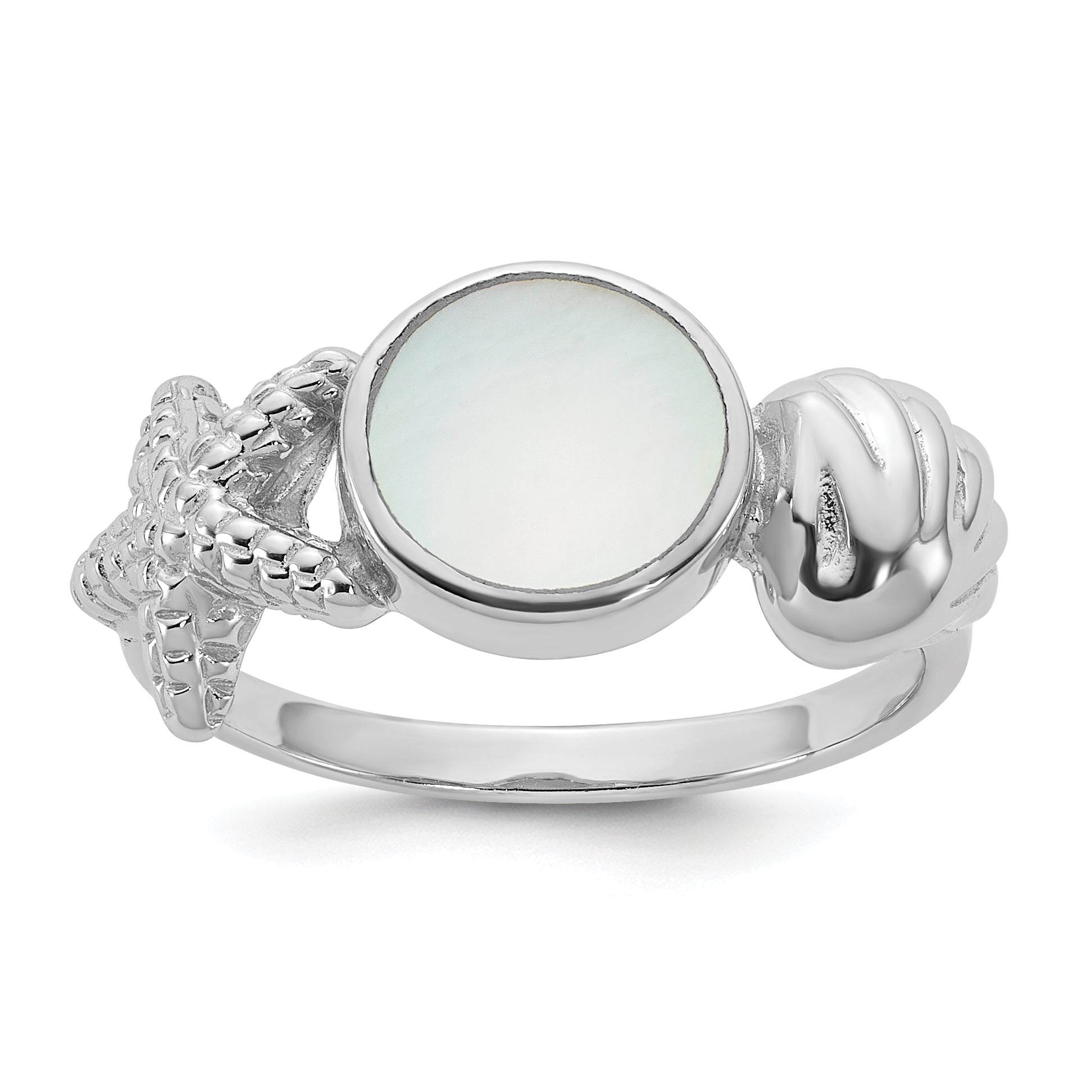 Sterling Silver Rhodium-plated Polished Oval Mother of Pearl and Sea Shell with Starfish Size 8 Ring Main image