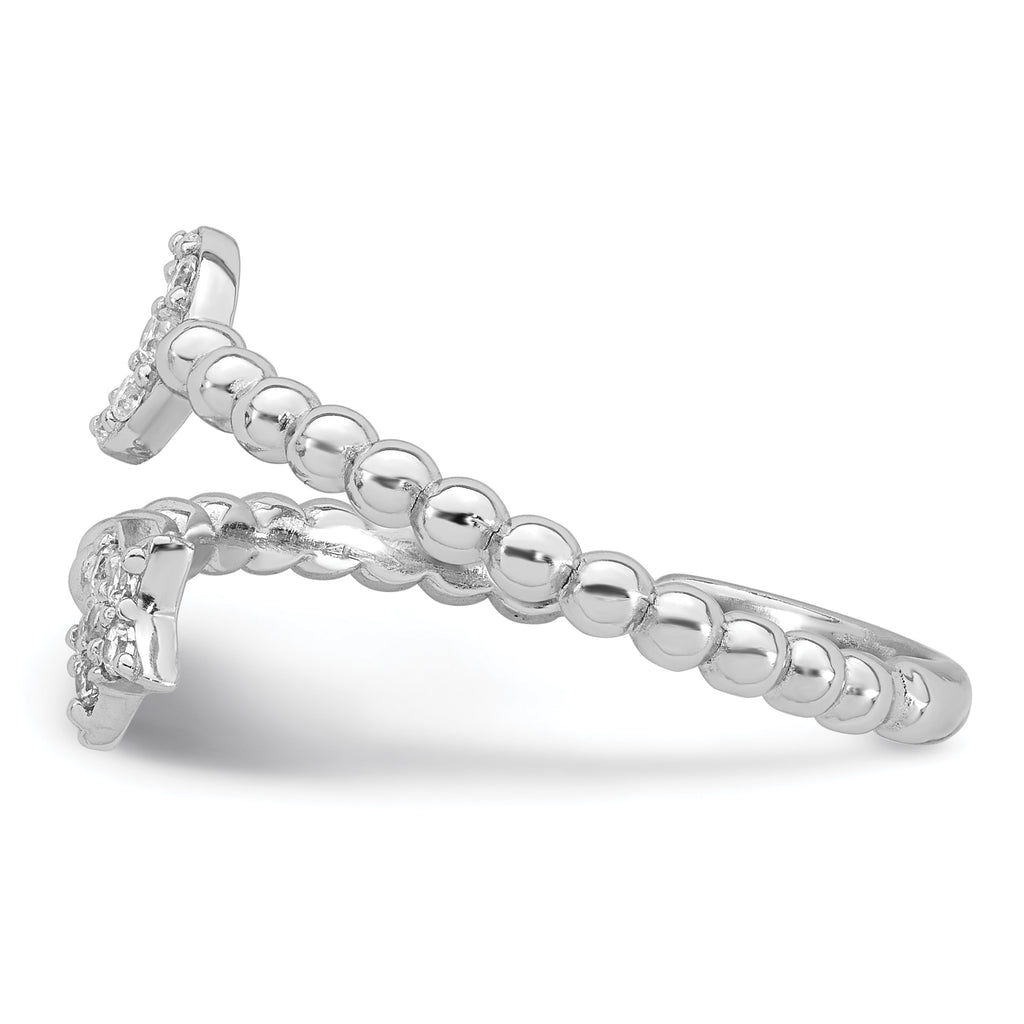 Sterling Silver Rhodium-plated Polished and Beaded Adjustable CZ Moon and Star Size 8 Ring