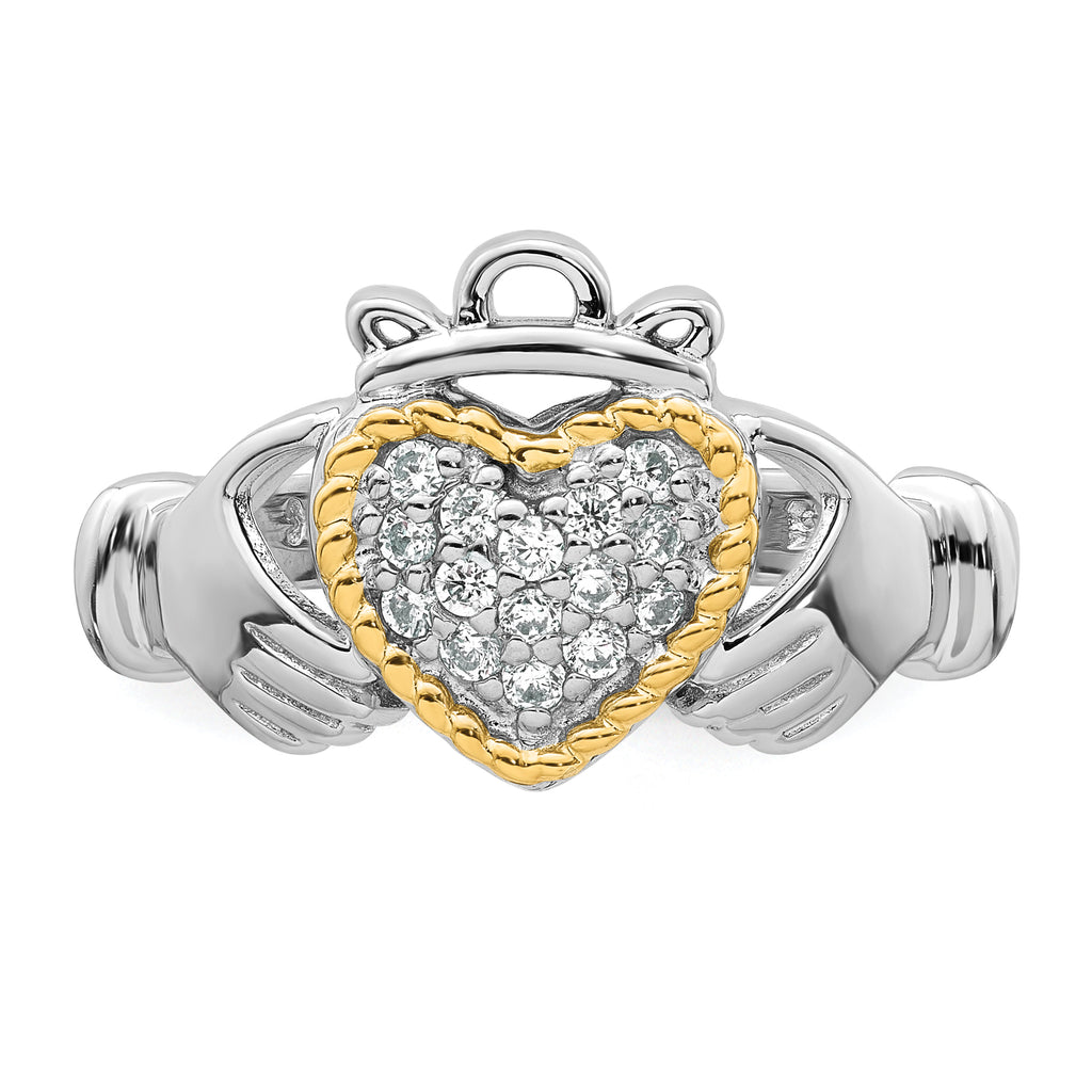 Sterling Silver Rhodium-Plated with 14k Accent Polished Cubic Zirconi Size 7 Claddagh Ring