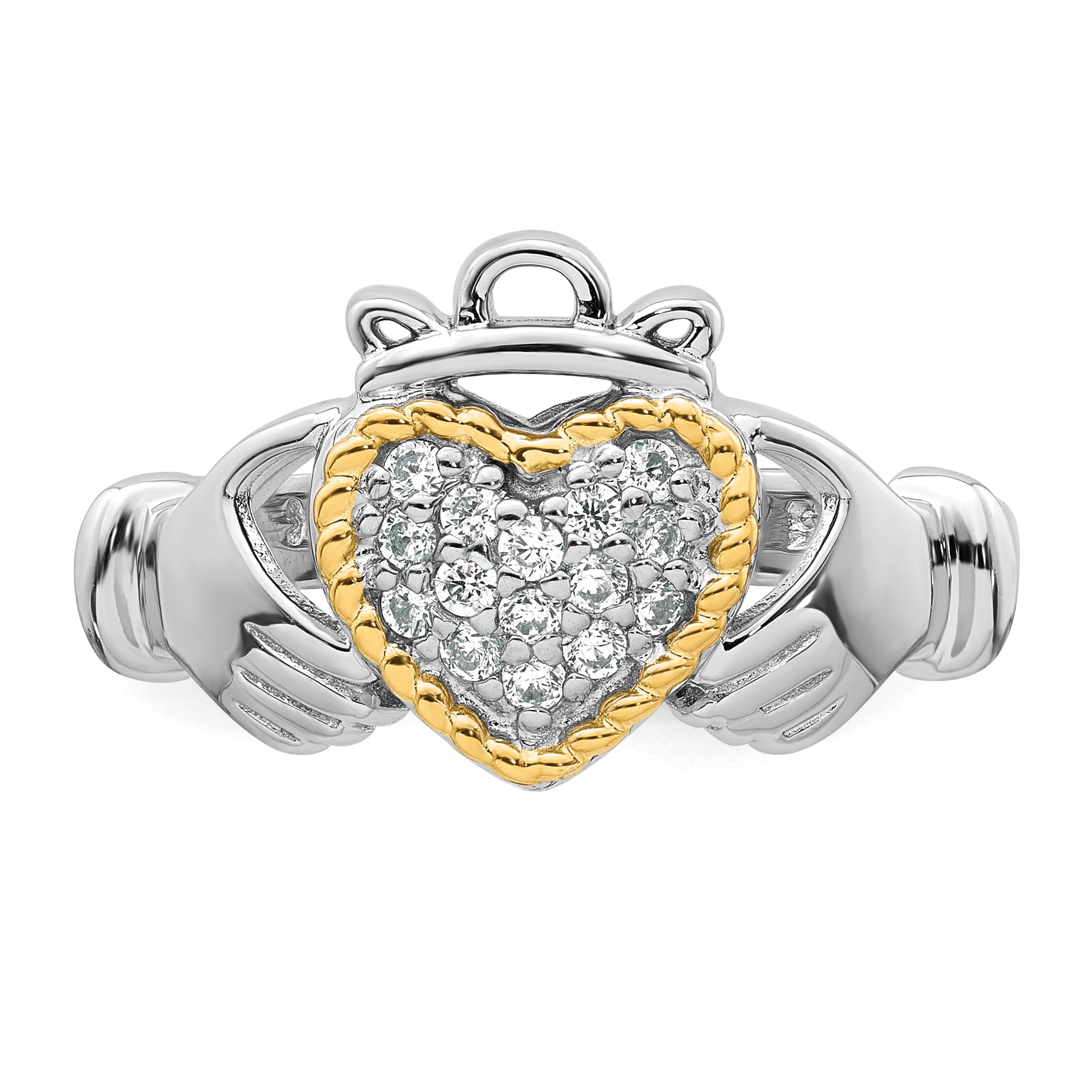 Sterling Silver Rhodium-Plated with 14k Accent Polished Cubic Zirconi Size 7 Claddagh Ring