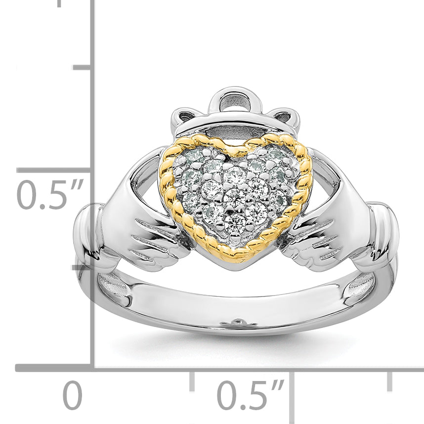 Sterling Silver Rhodium-Plated with 14k Accent Polished Cubic Zirconi Size 7 Claddagh Ring